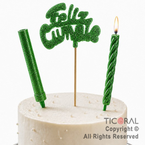 ADORNO DE TORTA SET FELIZ CUMPLE CON BENGALA Y VELA 9 CM GIBRE VERDE x 1